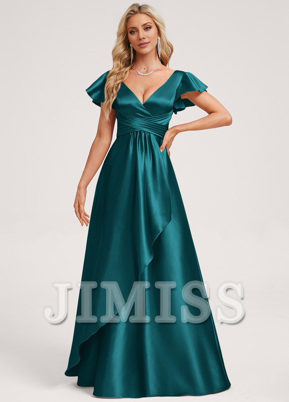 Vestido de dama de honor de satén con volantes, escote en V y largo hasta el suelo