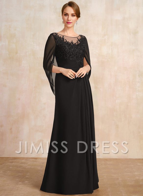 Dark Navy Chiffon A-Line Floor-Length Dress with Illusion Neck & Cape Sleeves