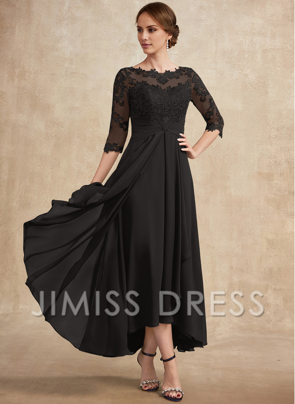 Slate Blue Chiffon A-Line Asymmetrical Evening Dress with Lace Bodice and Boat Neck