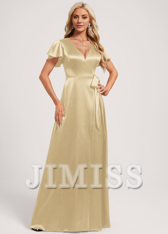 Vestido de dama de honor de satén elástico, largo hasta el suelo, con escote en V y corte A