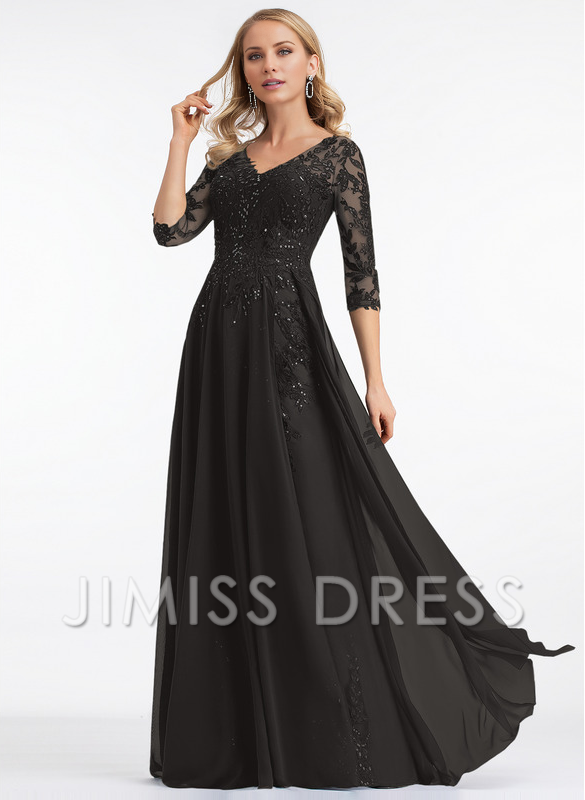 Dark Navy Lace & Chiffon A-Line Floor-Length Evening Dress with V-Neck and Sheer Sequin Sleeves