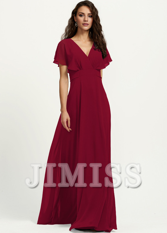 Abito da damigella d'onore in chiffon lungo fino al pavimento, con scollo a V e linea ad A