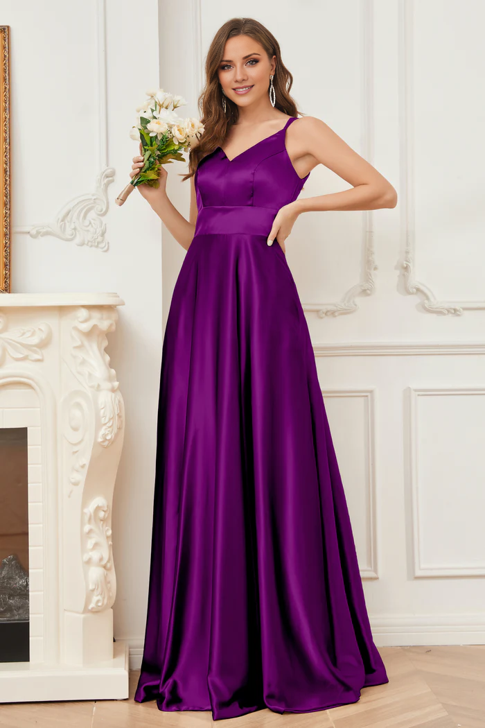 Vestido de dama de honor de satén suave, escote en V y tirantes finos hasta el suelo