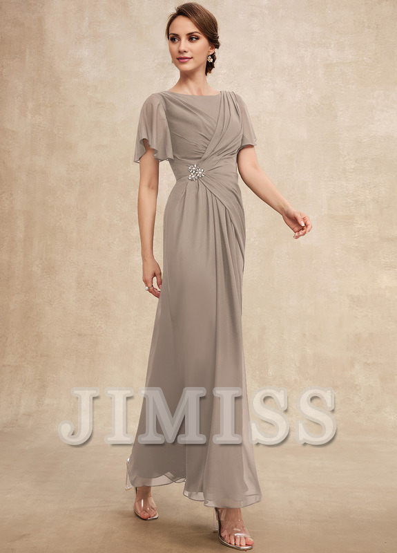 Vestido de gasa para madre de la novia, de corte A, plisado, con cuentas y escote pronunciado hasta los tobillos