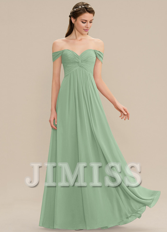 Vestido de dama de honor de gasa con volantes, corte A, hombros descubiertos y largo hasta el suelo