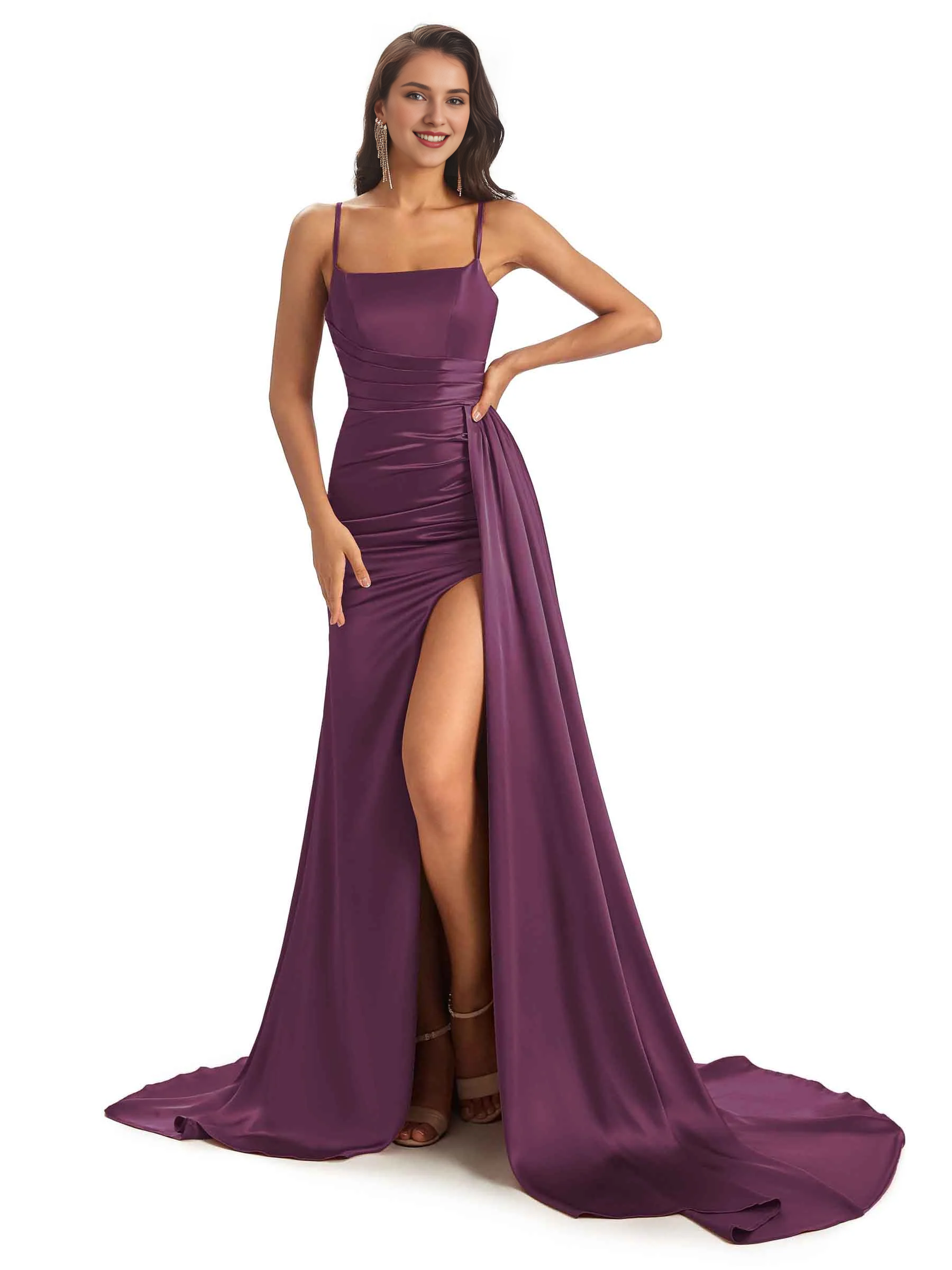 Sexy and soft satin side slit thin shoulder strap long fish tail bridesmaid dress