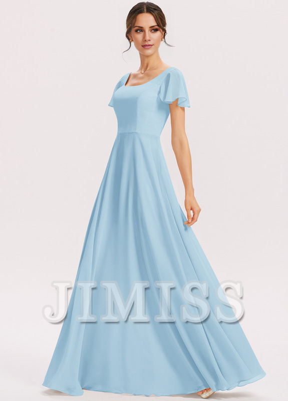 Vestido de dama de honor de gasa con volantes escalonados, corte A, cuadrado, largo hasta el suelo