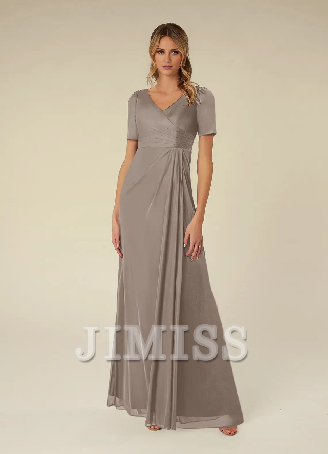 Abito da madre della sposa lungo fino al pavimento, a maniche corte, in rete plissettata, a trapezio