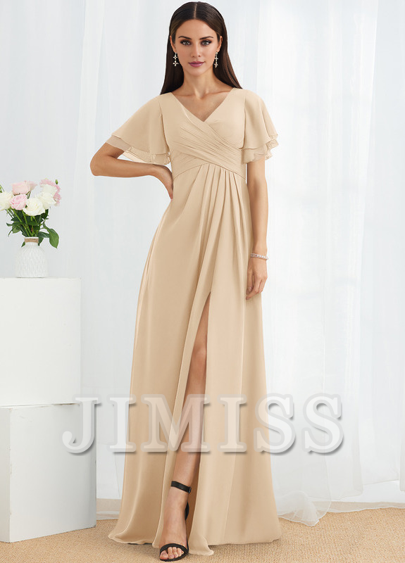 Abito da damigella d'onore in chiffon lungo fino al pavimento, con scollo a V e linea ad A