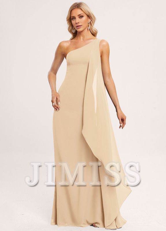 Vestido de dama de honor de gasa con volantes, corte A, un hombro al aire y largo hasta el suelo