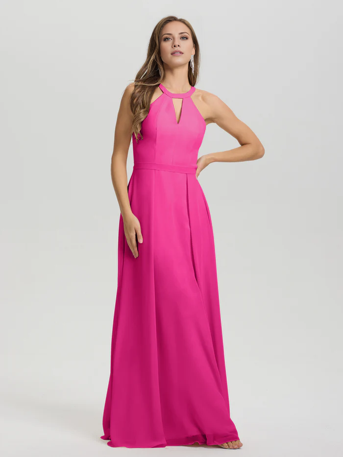 A-line keyhole collar sleeveless chiffon and floor length bridesmaid dress