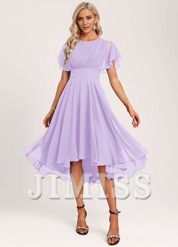 Vestido de dama de honor asimétrico de gasa con volantes, corte A y cuchara