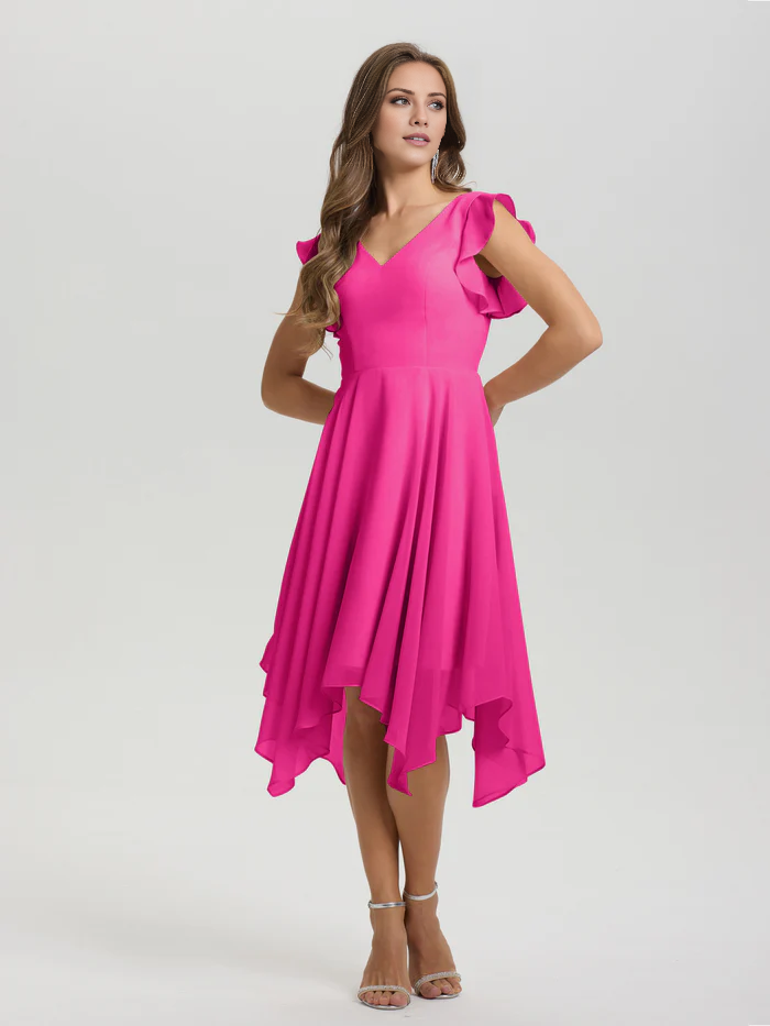 Lotus leaf edge sleeve V-neck asymmetrical tea long chiffon tea long bridesmaid dress