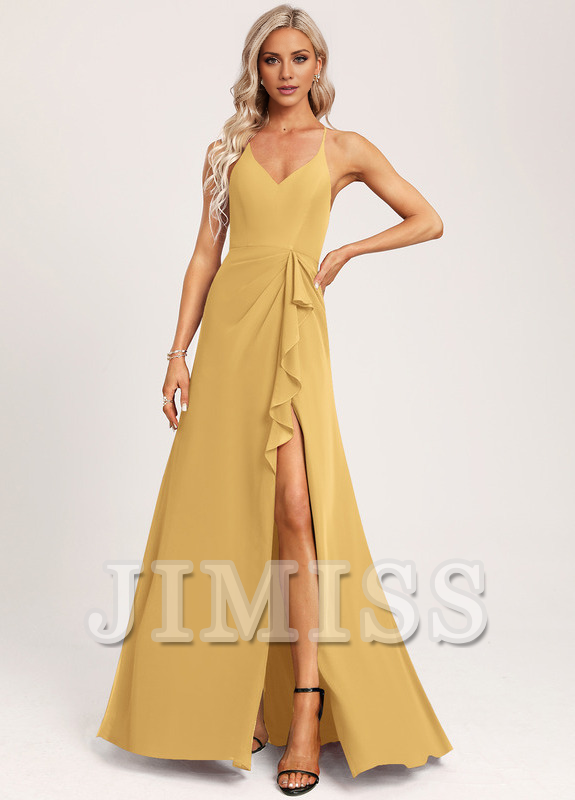 Vestido de dama de honor de gasa con escote en V y corte A