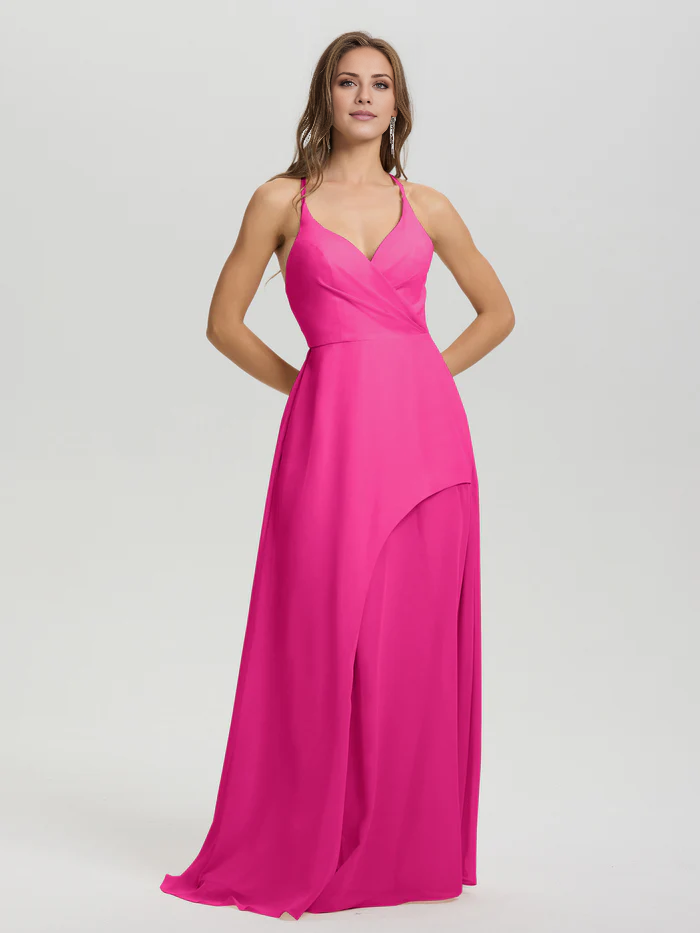 Shoulder strap V-neck backless long chiffon formal and floor length Bridesmaid dresses