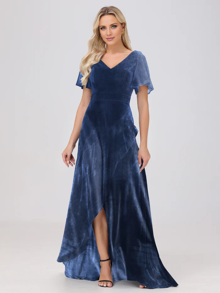 Vestido de dama de honor largo hasta el suelo, de terciopelo, con volantes y manga corta y escote en V