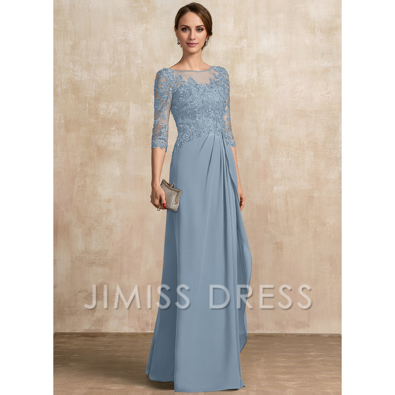 Jimiss A-shaped Scoop Illusion floor mopping chiffon lace ribbon bead sequins layered ruffles mother of the bride dress