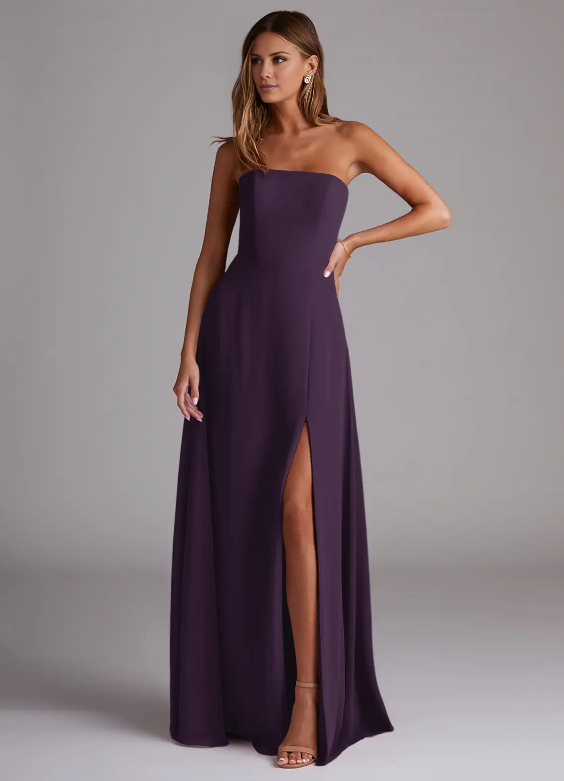 Vestido de dama de honor de corte A, de gasa con abertura lateral y largo hasta el suelo - Vestido Jimiss 