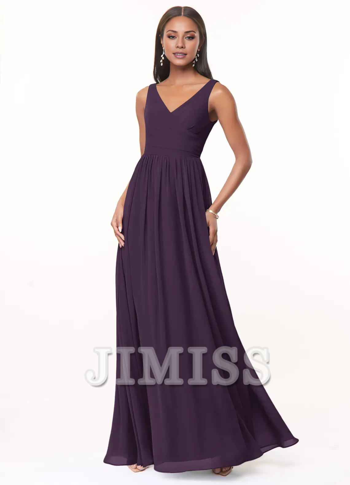 Vestido de dama de honor de gasa plisada con escote en V y corte A hasta el suelo - Vestido Jimiss 