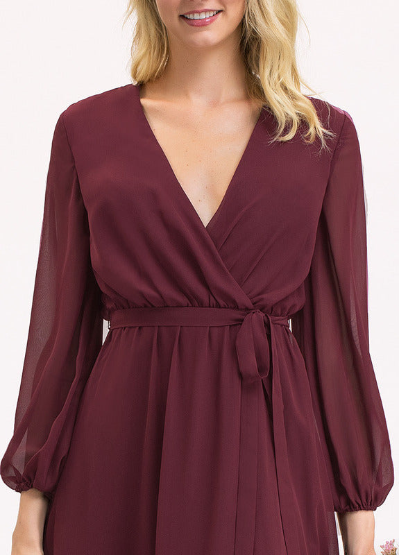 Abito da damigella d'onore in chiffon con scollo a V, lunghezza al pavimento, plissettato e fiocco