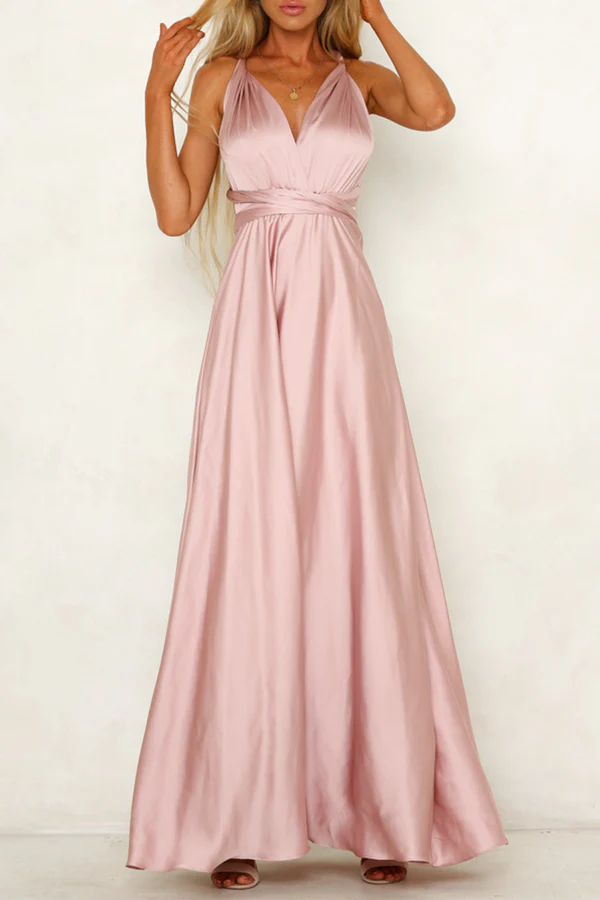 Elegante vestido de noche de color liso con escote en V y tirantes al hombro sin espalda