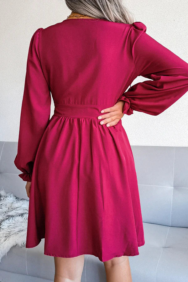 Burgundy V-Neck A-Line Short Chiffon Dress with Ruched Bodice