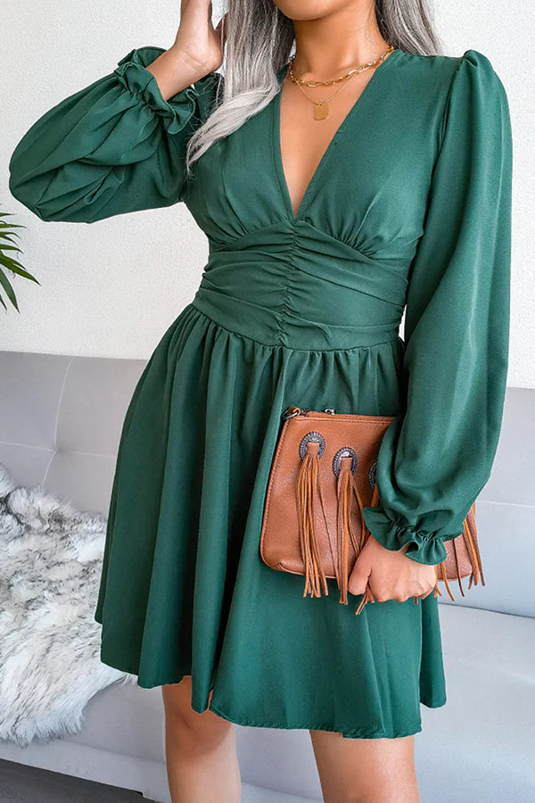 Burgundy V-Neck A-Line Short Chiffon Dress with Ruched Bodice