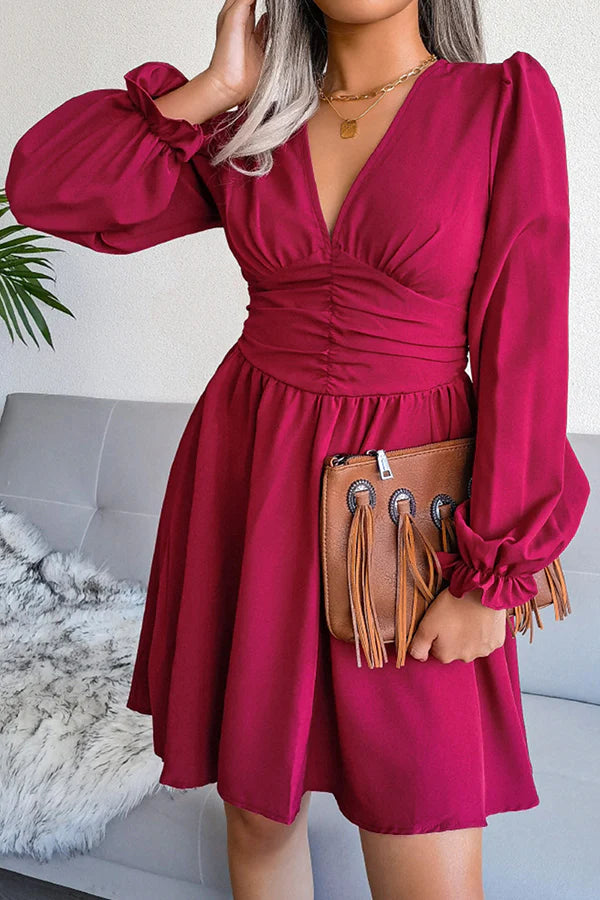 Burgundy V-Neck A-Line Short Chiffon Dress with Ruched Bodice