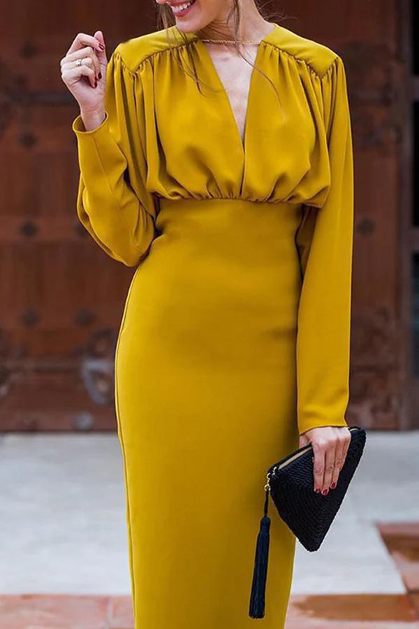 Elegante vestido de noche de un solo paso con escote en V y diseño de patchwork de color sólido.