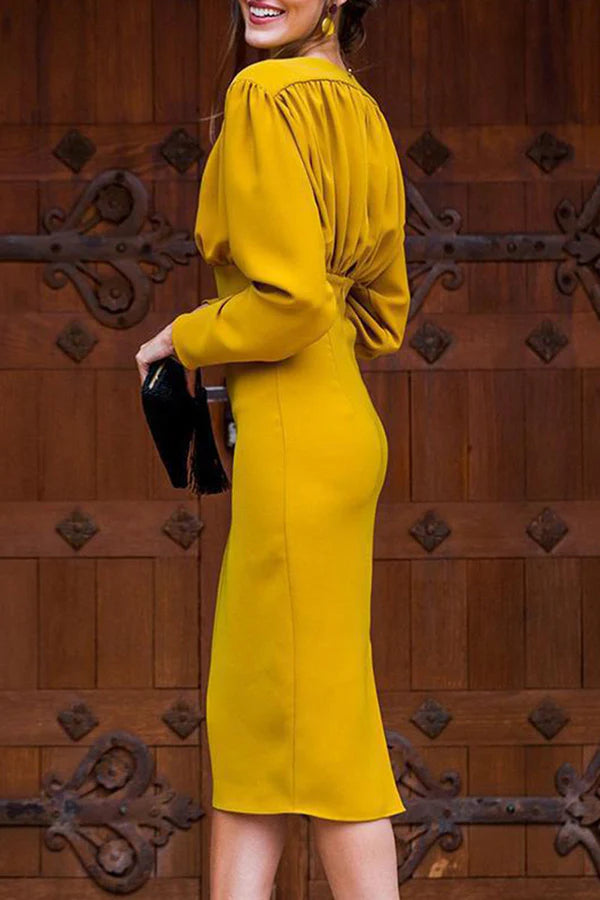 Elegante vestido de noche de un solo paso con escote en V y diseño de patchwork de color sólido.