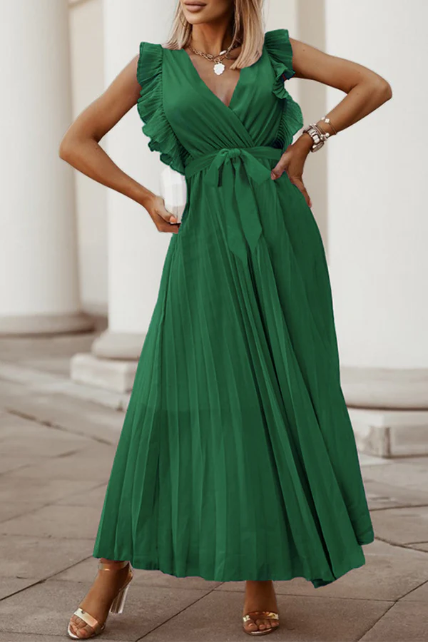 White Chiffon V-Neck A-Line Midi Dress with Ruffled Sleeves & Pleated Skirt