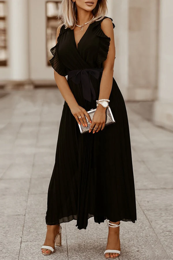 White Chiffon V-Neck A-Line Midi Dress with Ruffled Sleeves & Pleated Skirt