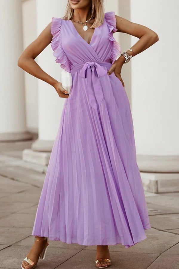 White Chiffon V-Neck A-Line Midi Dress with Ruffled Sleeves & Pleated Skirt