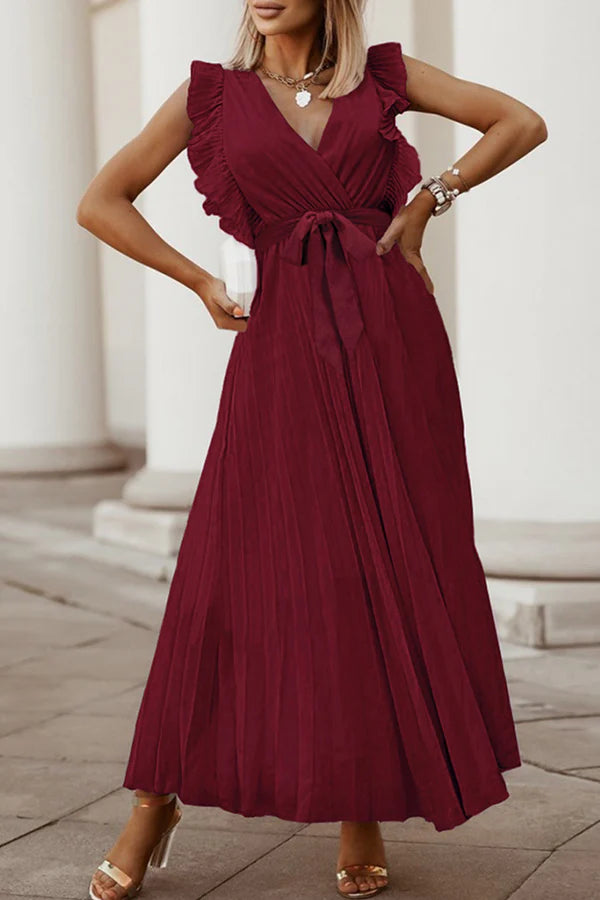 White Chiffon V-Neck A-Line Midi Dress with Ruffled Sleeves & Pleated Skirt