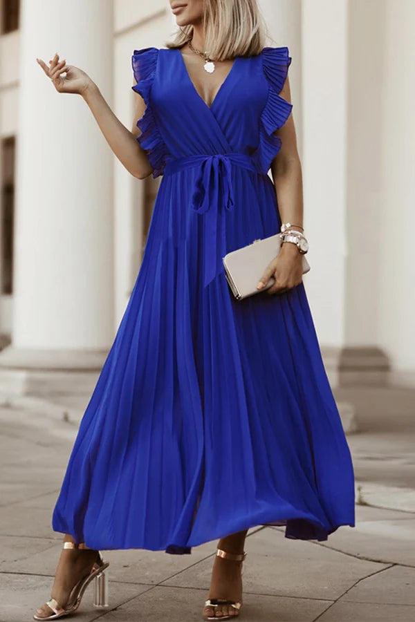White Chiffon V-Neck A-Line Midi Dress with Ruffled Sleeves & Pleated Skirt