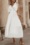 White Chiffon V-Neck A-Line Midi Dress with Ruffled Sleeves & Pleated Skirt