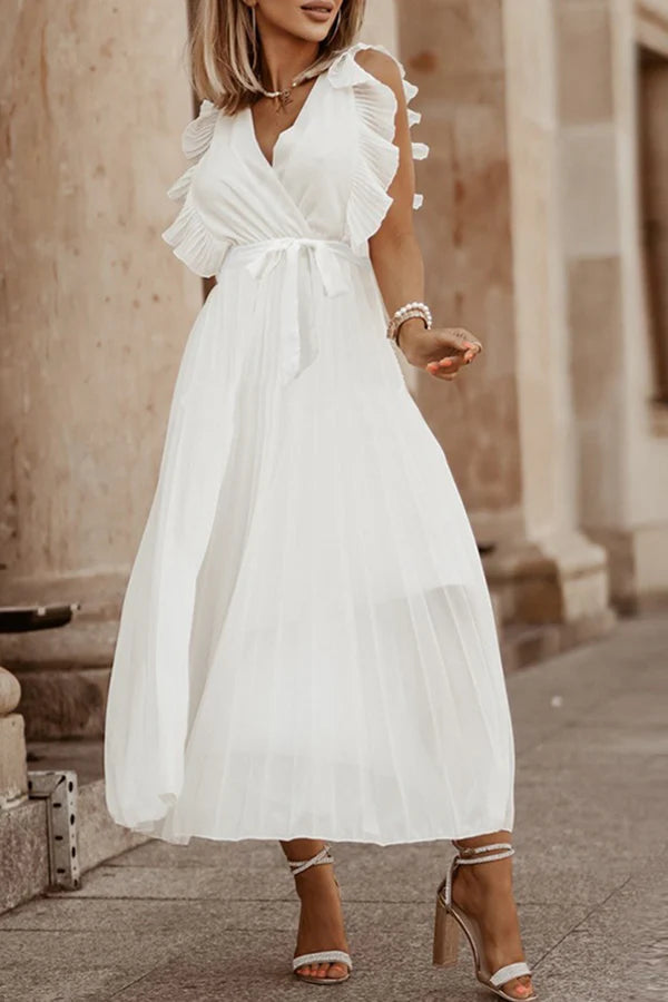 White Chiffon V-Neck A-Line Midi Dress with Ruffled Sleeves & Pleated Skirt