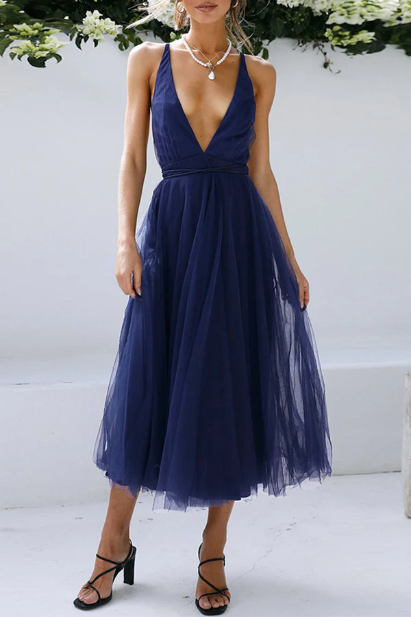 Vestido de noche informal de malla de color sólido con escote en V y pastel