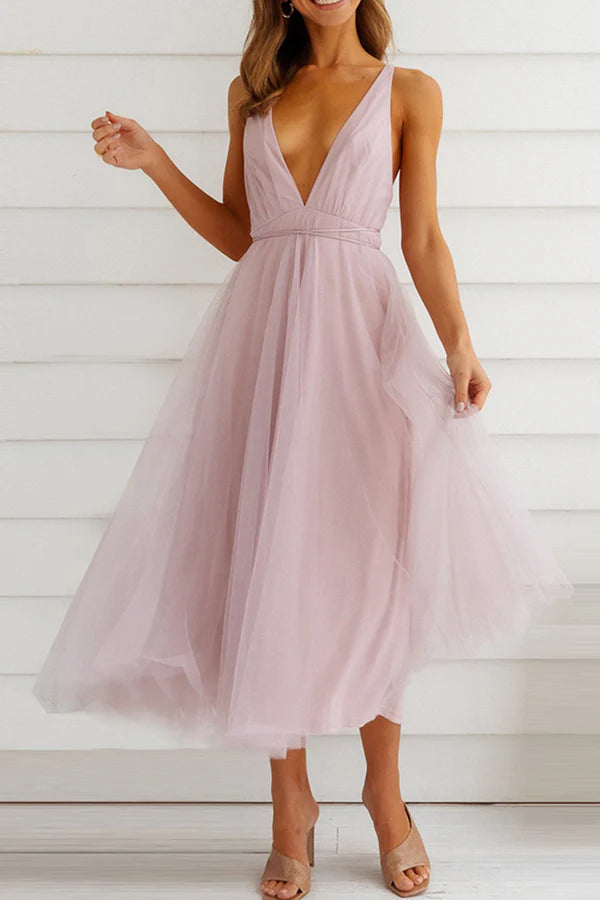 Vestido de noche informal de malla de color sólido con escote en V y pastel