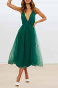 Vestido de noche informal de malla de color sólido con escote en V y pastel