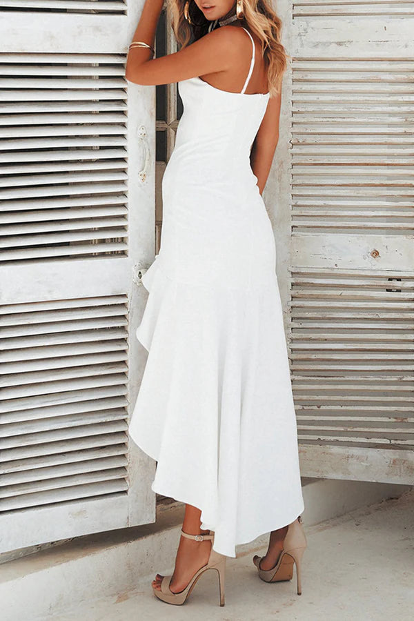 Sexy solid color patchwork with thin shoulder straps, flared fishtail evening dress