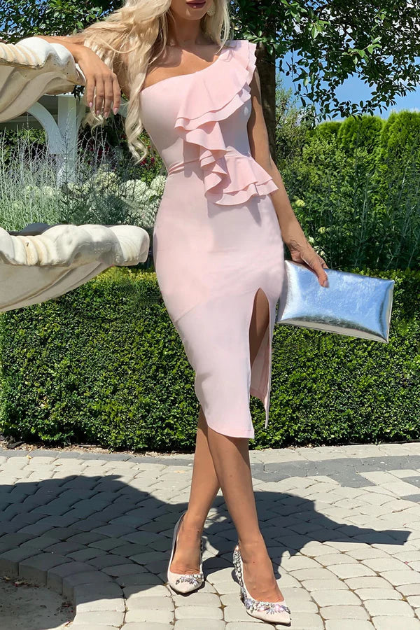 Vestido de noche informal con falda tubo de un solo hombro con borde con volantes en color sólido