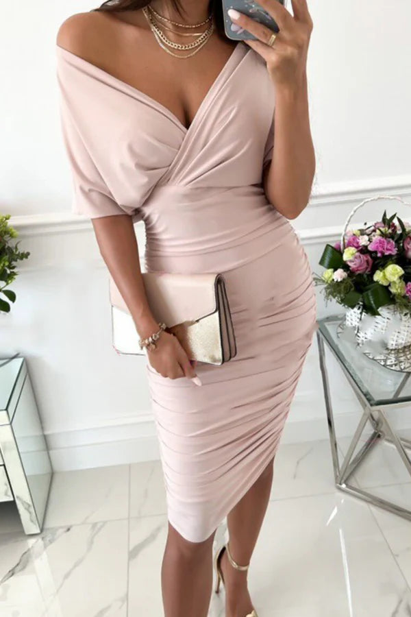 Red Stretch Knit V-Neck Sheath/Column Midi Dress with Ruched Skirt