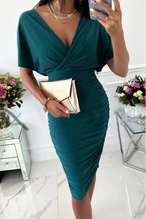 Red Stretch Knit V-Neck Sheath/Column Midi Dress with Ruched Skirt