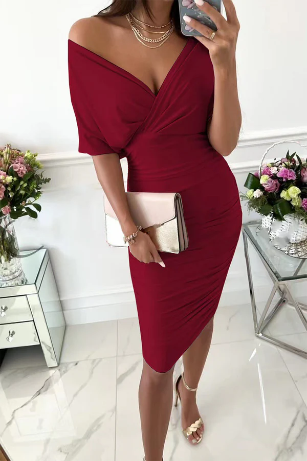 Red Stretch Knit V-Neck Sheath/Column Midi Dress with Ruched Skirt