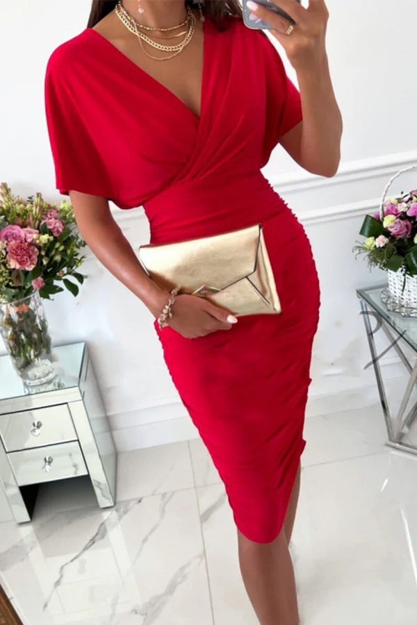Red Stretch Knit V-Neck Sheath/Column Midi Dress with Ruched Skirt