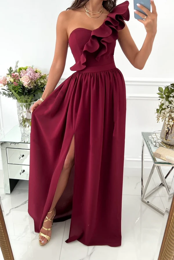 Burgundy Chiffon A-Line One Shoulder Floor-Length Evening Dress with Ruffle, High Slit & Back Zip