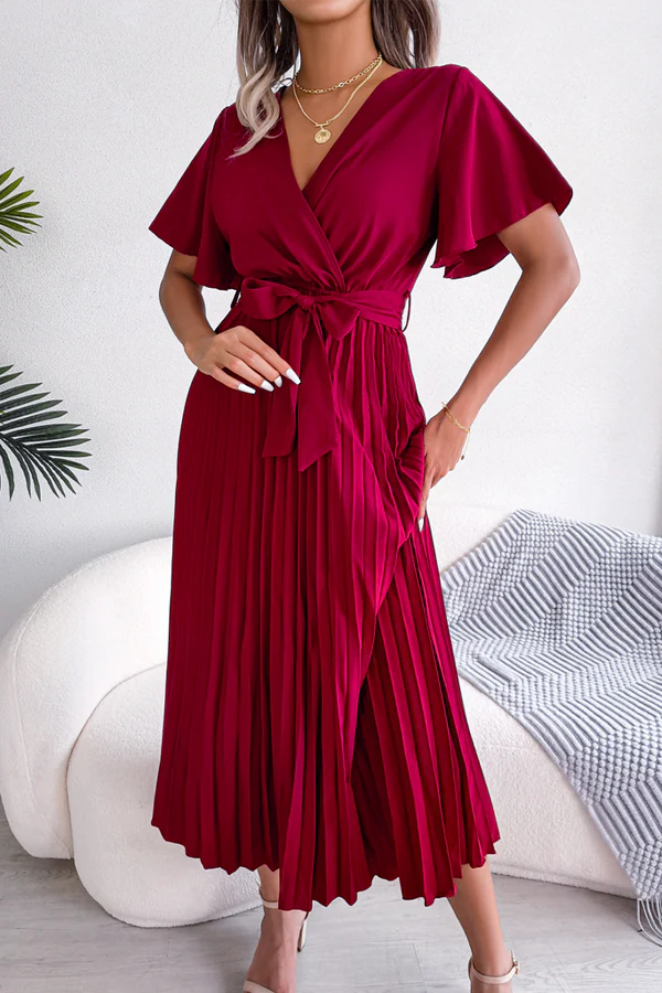 Casual solid color pleated V-neck high waisted skirt for evening dress