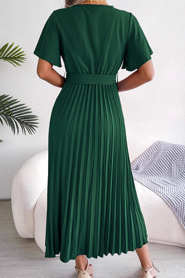 Casual solid color pleated V-neck high waisted skirt for evening dress