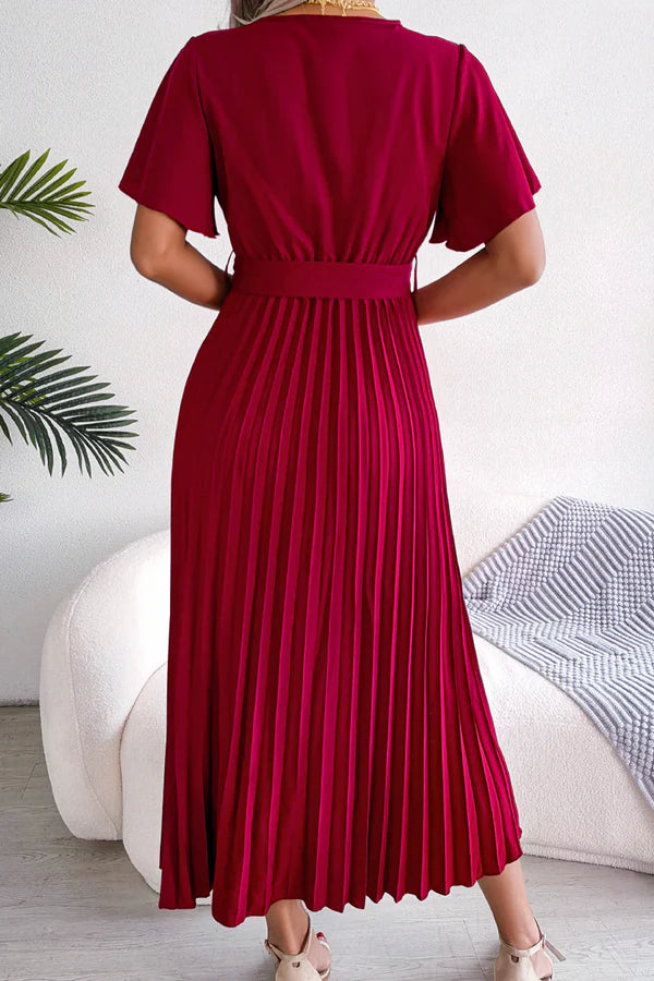Casual solid color pleated V-neck high waisted skirt for evening dress